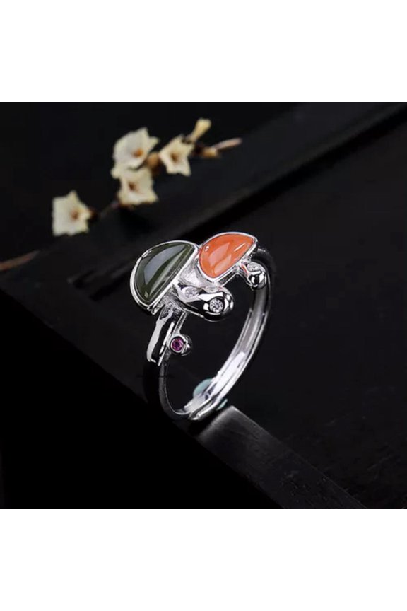S925 Pure Sterling Silver Agate Women Lucky Mushroom Band Adjustable Rings