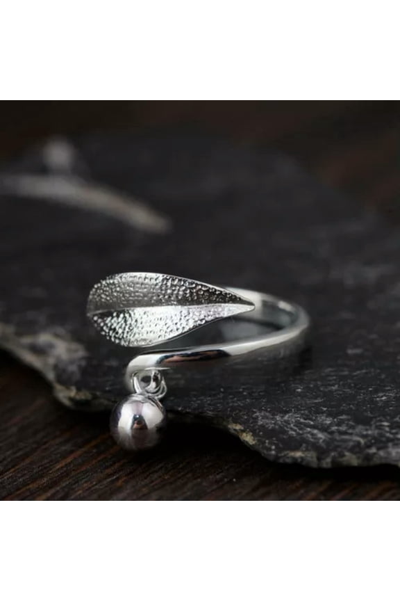 S925 Silver Bamboo Leaf Tassel Silver Bead Style Simple Light Ball Open Rings-Adjustable