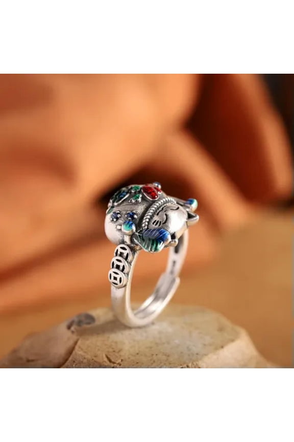 S925 Sterling Silver Band Men Women Enamel Coin Lucky Fan Cute Cat Ring 5.8g