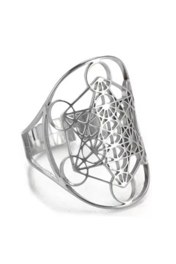 Sacred Geometry Ring Womens Silver Stainless Steel Spiritual Metatrons Cube Band-7.5