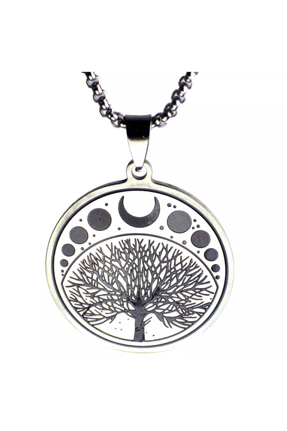 Sacred Tree Necklace Silver Stainless Steel Symbol of Creation Moon Phase Amulet