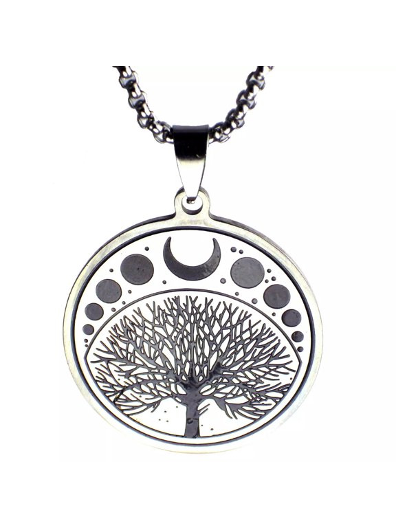Sacred Tree Necklace Silver Stainless Steel Symbol of Creation Moon Phase Amulet