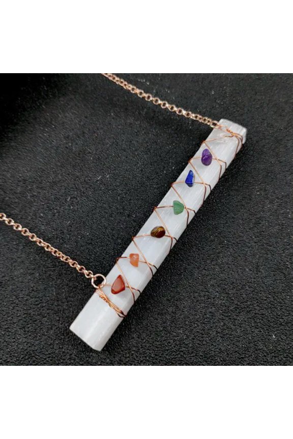 Selenite Sticks Wrapped Necklace Crystal Quartz 7 Chakra Beads Healing Pendant-A(Chips)