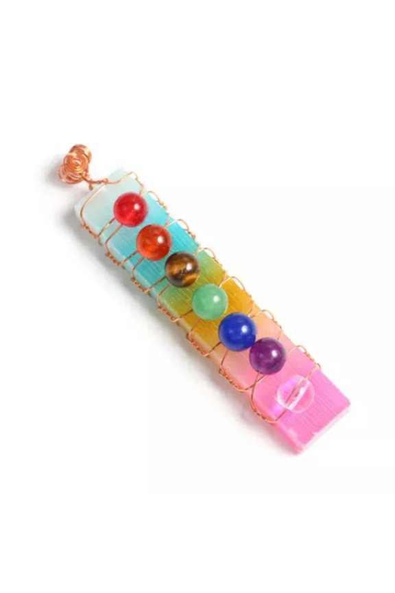 Selenite Wire Wrapped Stick Pendant Chakra Stone Beads / Chips Healing Charge-Gold & Rainbow- Beads