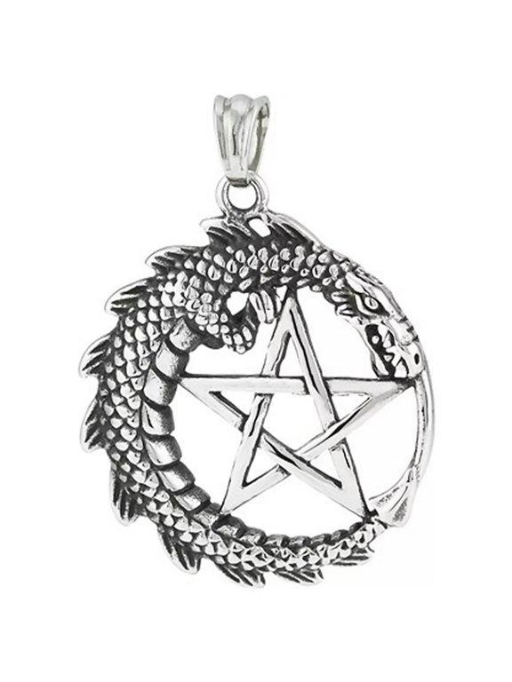 Serpent Dragon Moon Necklace Silver Stainless Steel Fantasy Pentacle Pendant