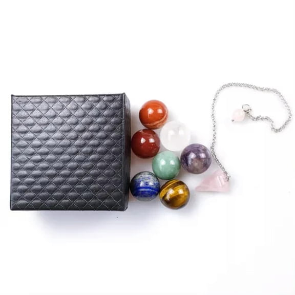 MATROOY Seven Chakra Gemstone Round Reiki Stone Set with Box Pendulum Ornaments-Balls, pendulums, boxes