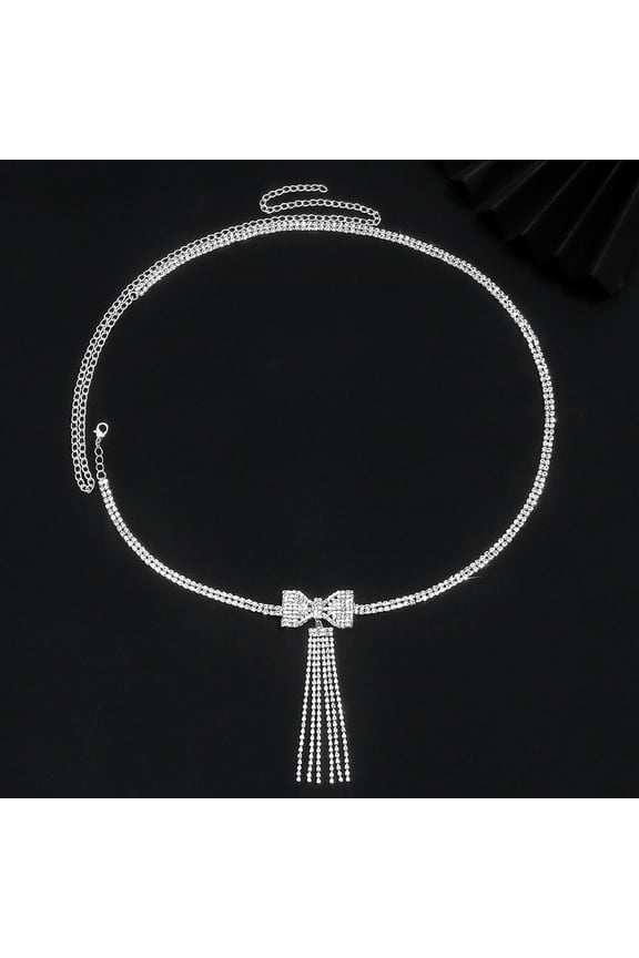 Sexy Bow Waist Chain Zircon Rhinestone Belly Body Chain Women Fashion Jewelry-Silver