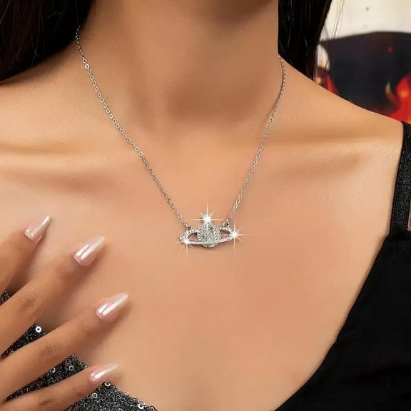 MATROOY Shiny Beautiful Full Rhinestones Planet Pendant Necklace