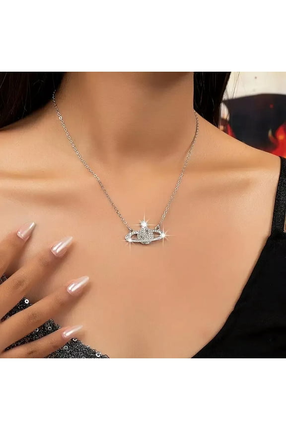 Shiny Beautiful Full Rhinestones Planet Pendant Necklace