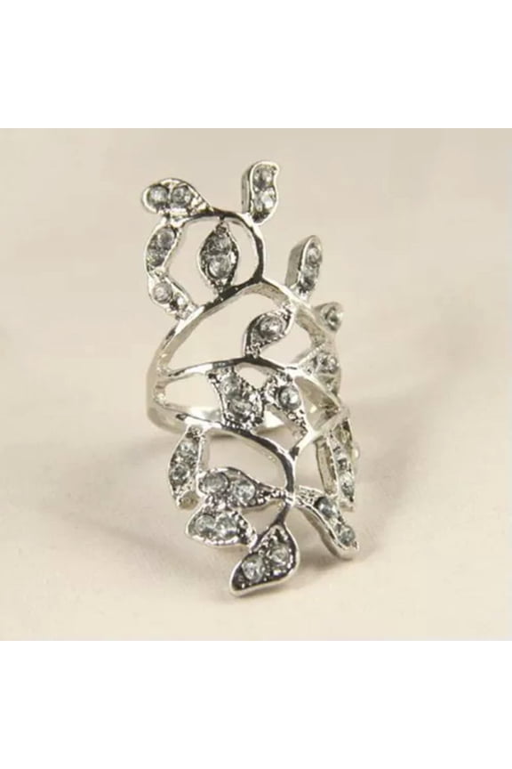 Shiny Rhinestone Hollow Leaf Joint Armor Knuckle Ring Jewelry For Woman Gift WY4-Silver-
