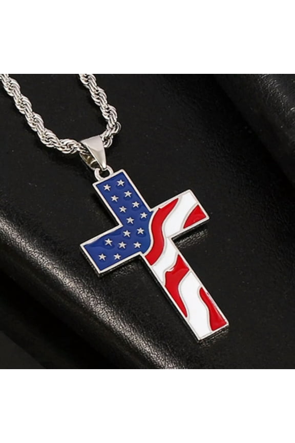 Silver American Flag Cross Pendant Necklace For Men Christian Jewelry Chain 24"