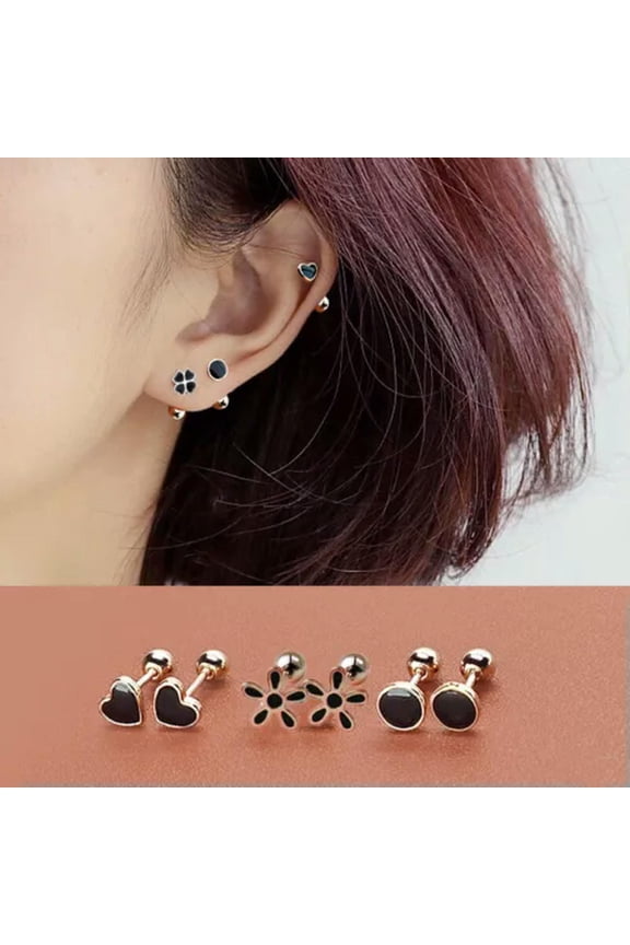 Silver Black Heart Star Round Small Stud Earrings for Women Ear Studs Jewe_tu-A6