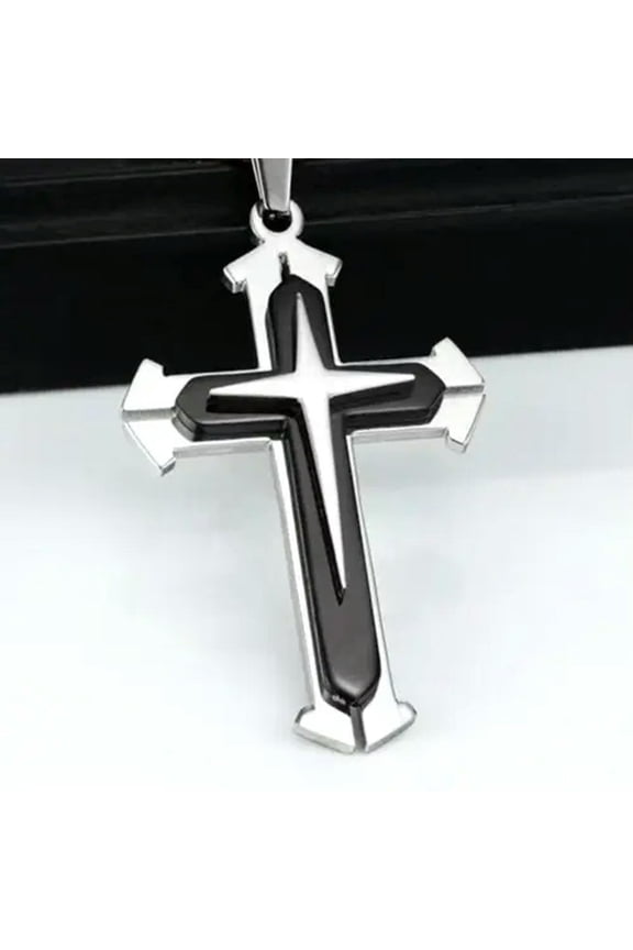Silver Black Layer Cross Pendant Necklace Christian Catholic Jewelry Chain 24"