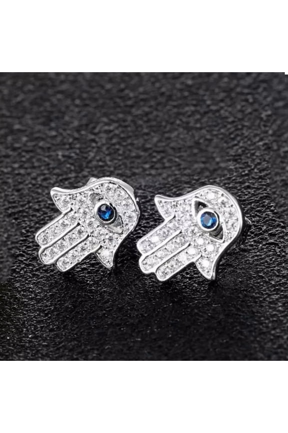 Silver CZ Evil Eye Hamsa Stud Earrings Punk Hip Hop Protection Jewelry Men Women
