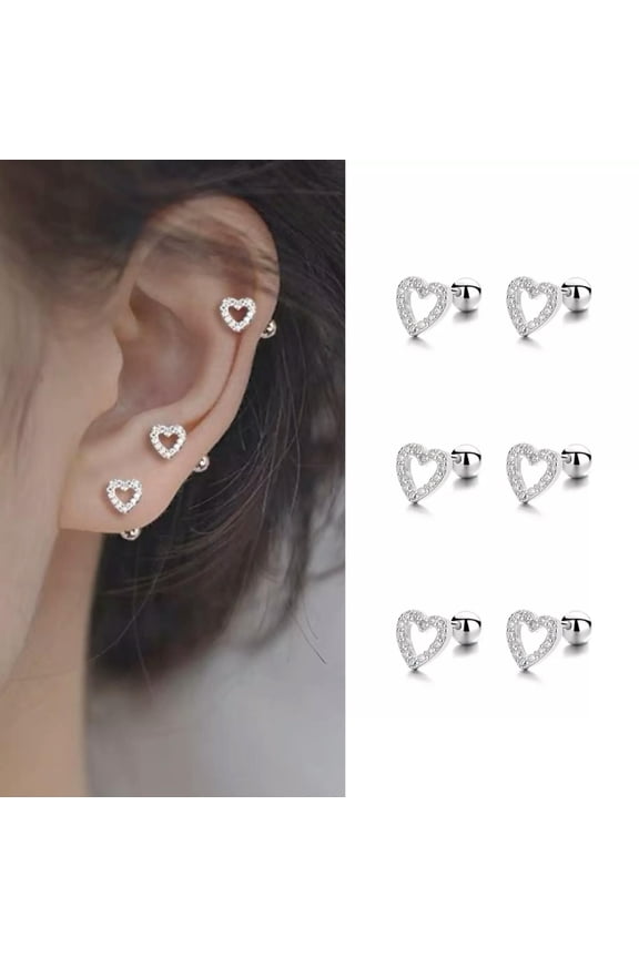 Silver CZ Small Heart Screw Back Stud Earrings Surgical Steel Jewelry Gift