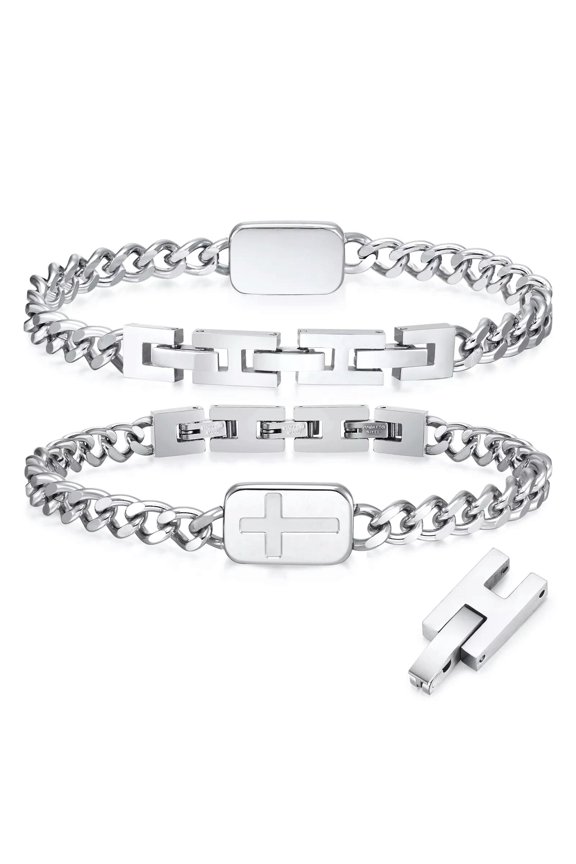 Silver Cross Bracelets for Men, Stainless Steel Metal Chain Link Jesus Christian