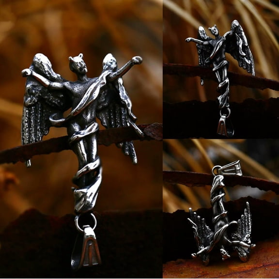 MATROOY Silver Fallen Angel Pendant Necklace Punk Rock Biker Jewelry Stainless Steel 24"