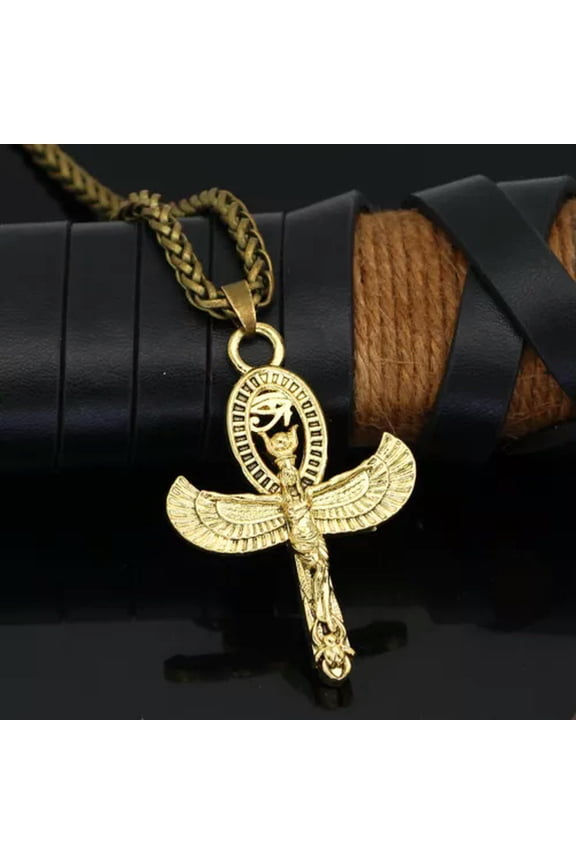 Silver Gold Egyptian Goddess Isis Eye of Horus Ankh Cross Pendant Necklace 24"-Gold