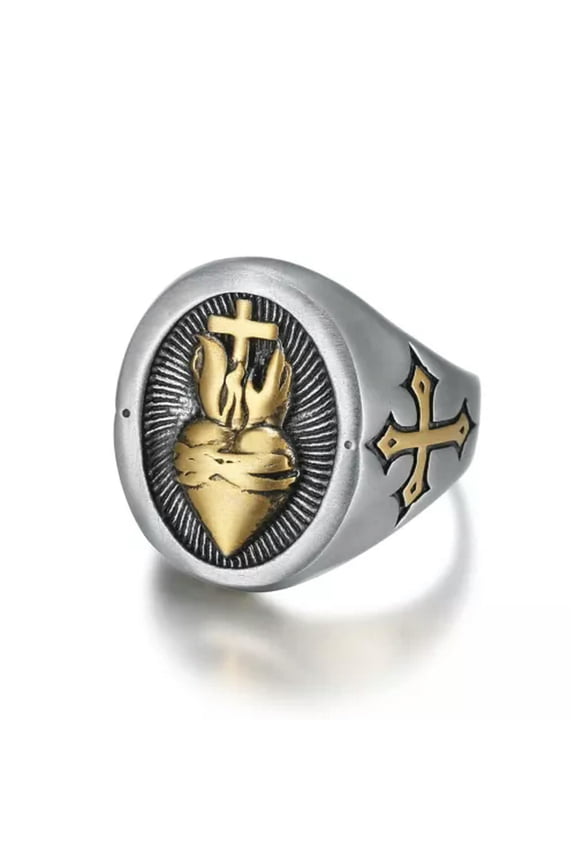 Silver/Gold Plated Mens Catholic Sacred Heart Of Jesus Cross Ring Size 7 8 9-15-13-Gold