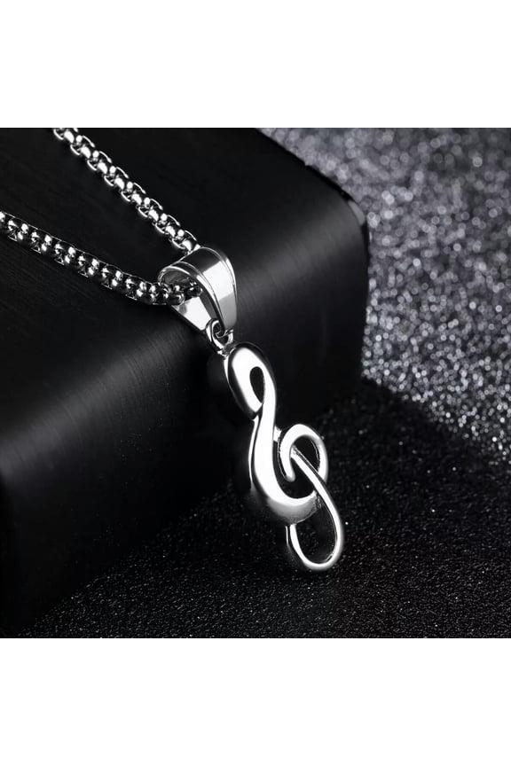 Silver Music Note G Treble Clef Pendant Necklace Chain 24" Gift For Men Women