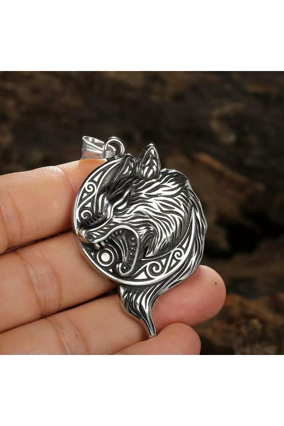 Silver Norse Viking Wolf Head Pendant Necklace Men's Jewelry Chain 24" Gift