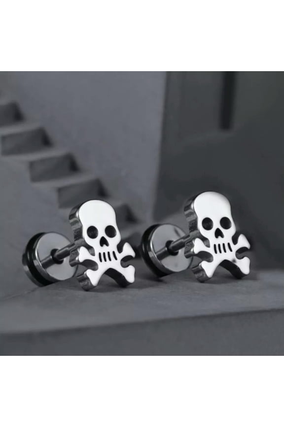 Silver Pirate Skull Crossbones Ear Stud Stainless Steel Earrings For Men Unisex