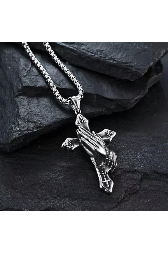 Silver Praying Hands Crucifix Cross Pendant Necklace Christian Jewelry Gift