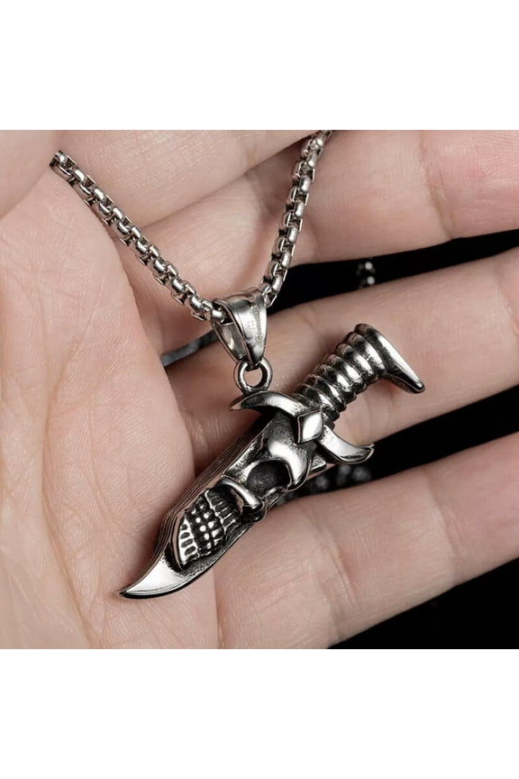 Silver Punk Retro Skull Dagger Sword Pendant Necklace Men's Jewelry Chain 24"