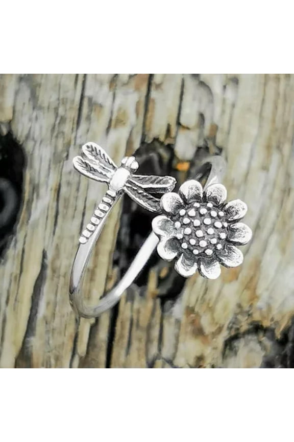 Silver Retro Frog Cat Owl Animal Rings Open Finger Ring Jewelry Adjustable-26-Dragonfly flower