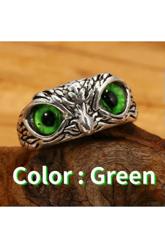 Silver Retro Frog Cat Owl Animal Rings Open Finger Ring Jewelry Adjustable-5-Cute Owl Green Eye