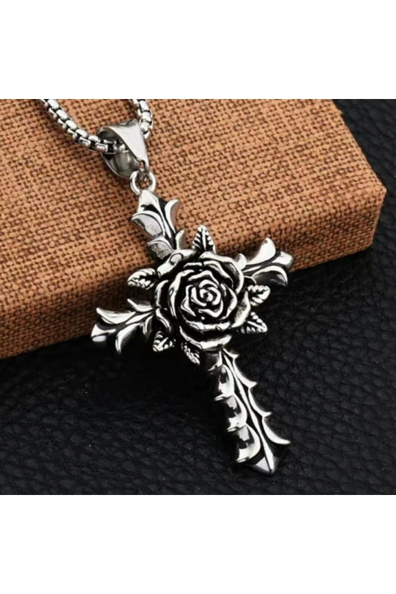 Silver Rose Cross Pendant Christian Necklace Religious Jewelry For Men Women 24"