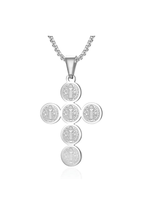 Silver Saint Benedict Medal Cross Pendant Protection Necklace Christian Jewelry