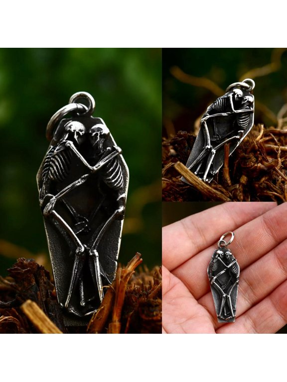 Silver Skeletons Cuddling in a Coffin Pendant Punk Necklace Stainless Steel 24"