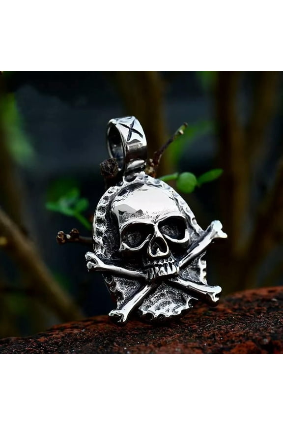 Silver Skull Crossbones Pendant Necklace Punk Retro Jewelry Stainless Steel Men
