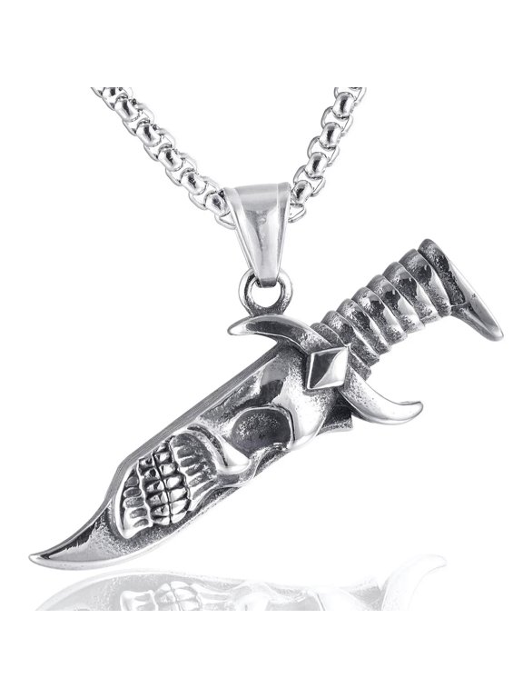 Silver Skull Dagger Sword Pendant Necklace Men's Punk Jewelry Chain 24" Gift