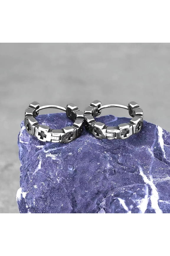 Silver Small Cross Huggie Hoop Earrings Stainless Steel Christian Jewelry Gift