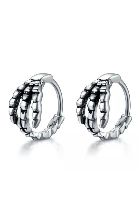 Silver Small Skull Hand Huggie Hoop Earrings Punk Gothic Stainless Steel Jewelry