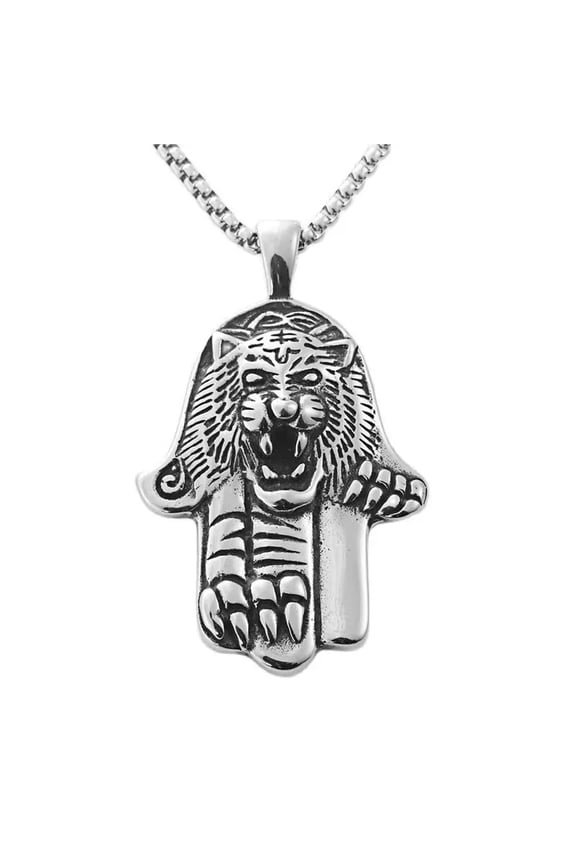 Silver Tiger Hamsa Hand Pendant Necklace Chain Men's Protection Jewelry Gift