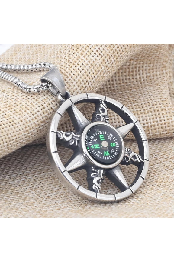 Silver Working Compass Pendant Necklace Men's Protection Jewelry Chain 24" GIft