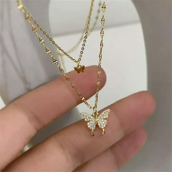 MATROOY Simple Shiny Crystal Butterfly Double Layer Choker Necklace For Women Jewelr WY4-Gold-