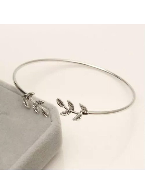 Simple Temperament Adjustable Open Leaf Bracelet Jewelry Gift Cuff Bracelets-Silver