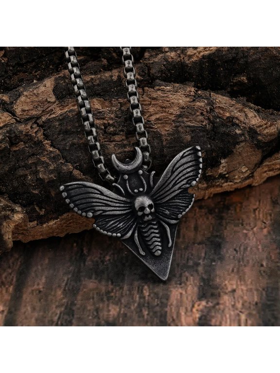 Skull Moth Necklace, Death's Head Moth, Crescent Moon Pendant, Gothic Jewelry