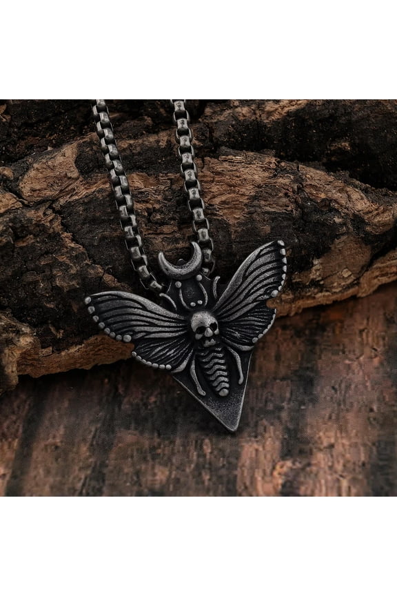 Skull Moth Necklace, Death's Head Moth, Crescent Moon Pendant, Gothic Jewelry