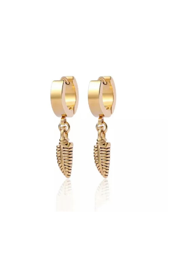 Small Feather Drop Dangle Hoop Earrings Surgical Steel Jewelry For Men Women-Gold