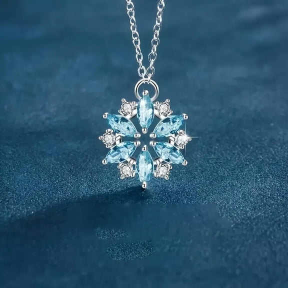 MATROOY Snowflake Pendant Necklace Glitter Sky Blue Crystal Rhinestone Jewelry Gift