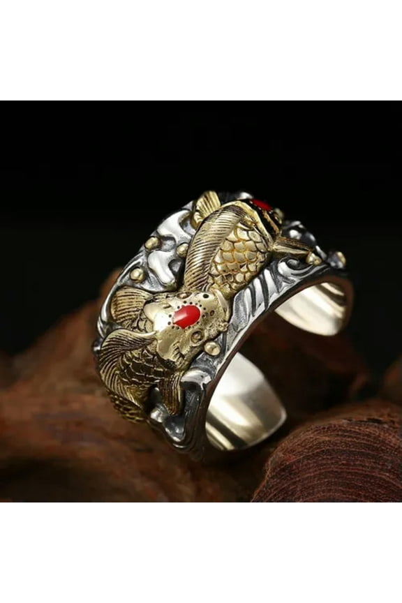 Solid 925 Sterling Silver Band Men Gift Lucky Double Koi Carp Fish Open Ring 28g