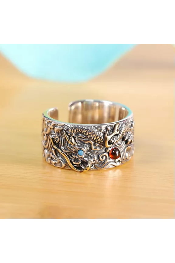 Solid 925 Sterling Silver Band Men Women Lucky Carved Dragon Open Ring 11.6g