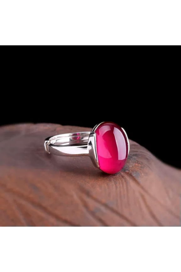 Solid 925 Sterling Silver Band Men Women Smooth Glossy Red Corundum Oval Ring