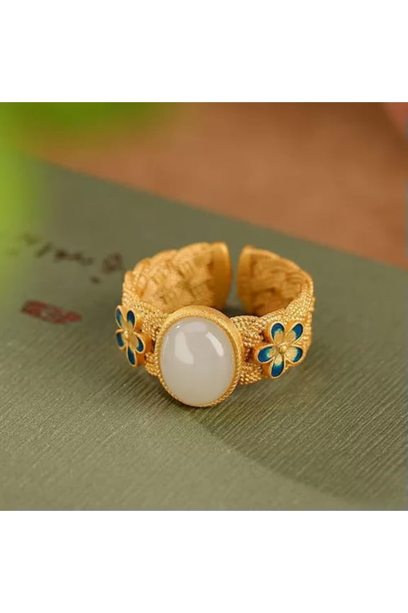 Solid 925 Sterling Silver Band Natural Jade Enamel Flower Braided Open Ring