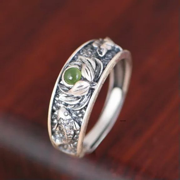 MATROOY Solid 925 Sterling Silver Band Natural Jade Jasper Lucky Lotus Flower Fish Ring